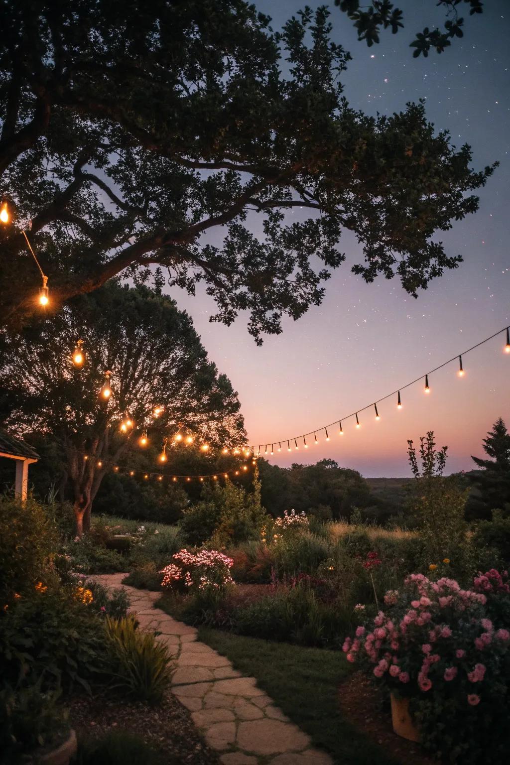 A garden illuminated by the soft glow of fairy lights.