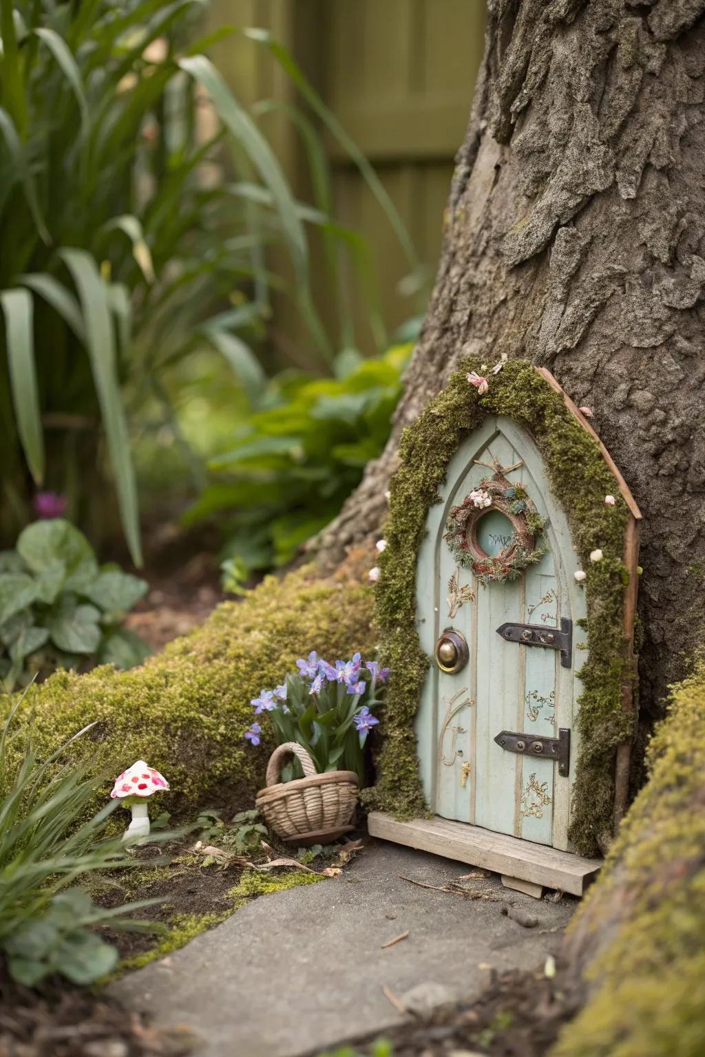 A hidden fairy door adds mysterious allure to the garden.
