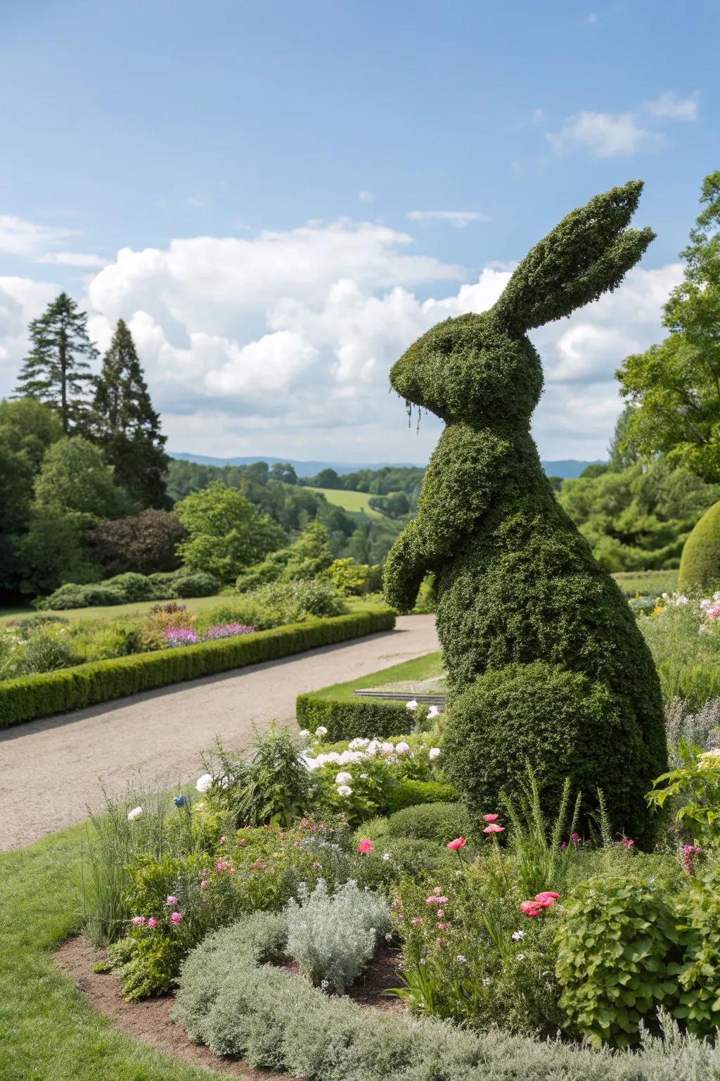 A whimsical topiary rabbit adds character to the garden.