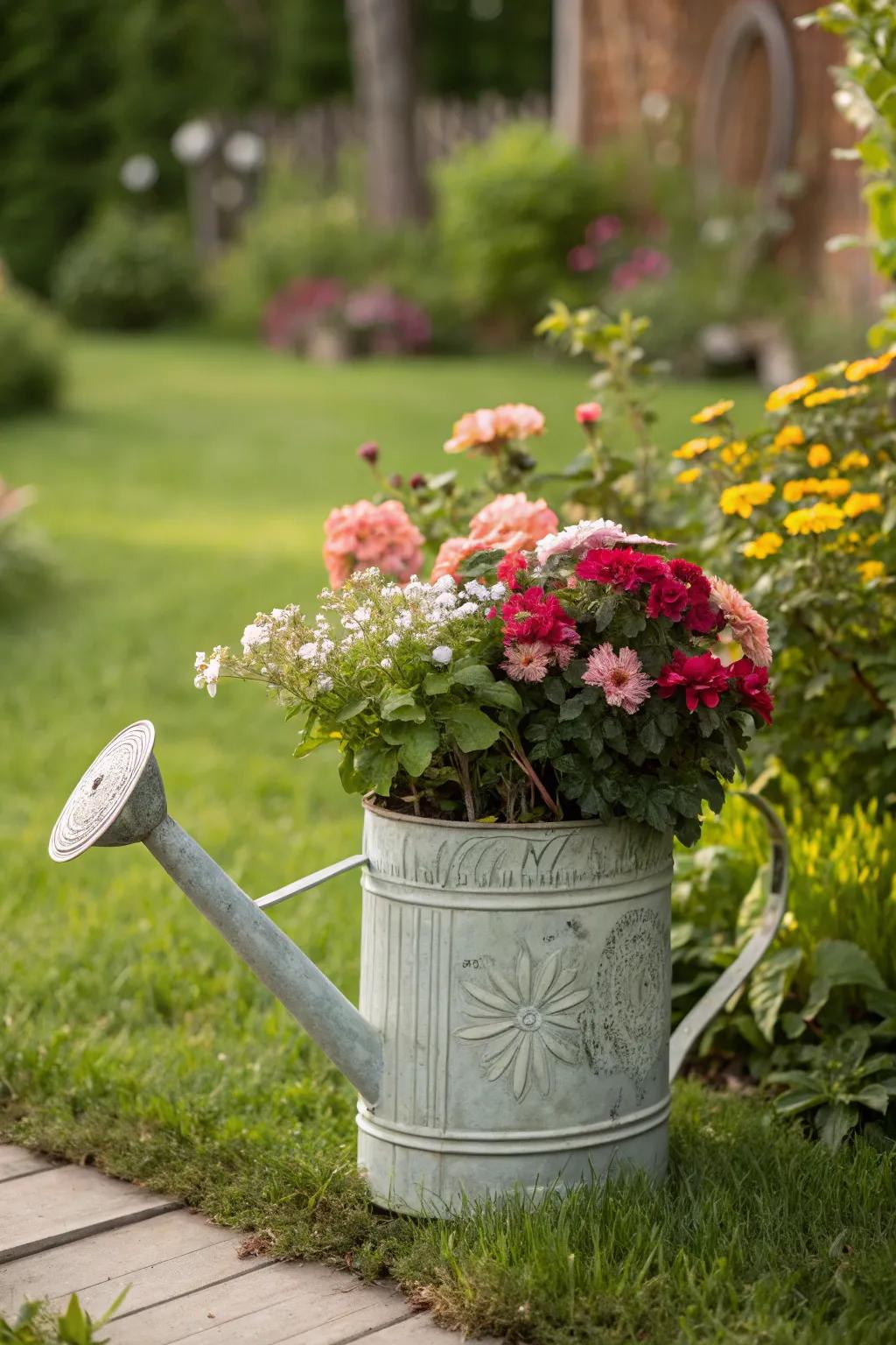 A whimsical watering can planter adds charm to the garden.
