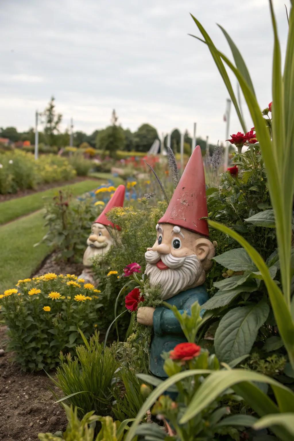 Cheerful gnomes bring a touch of whimsy to the garden.