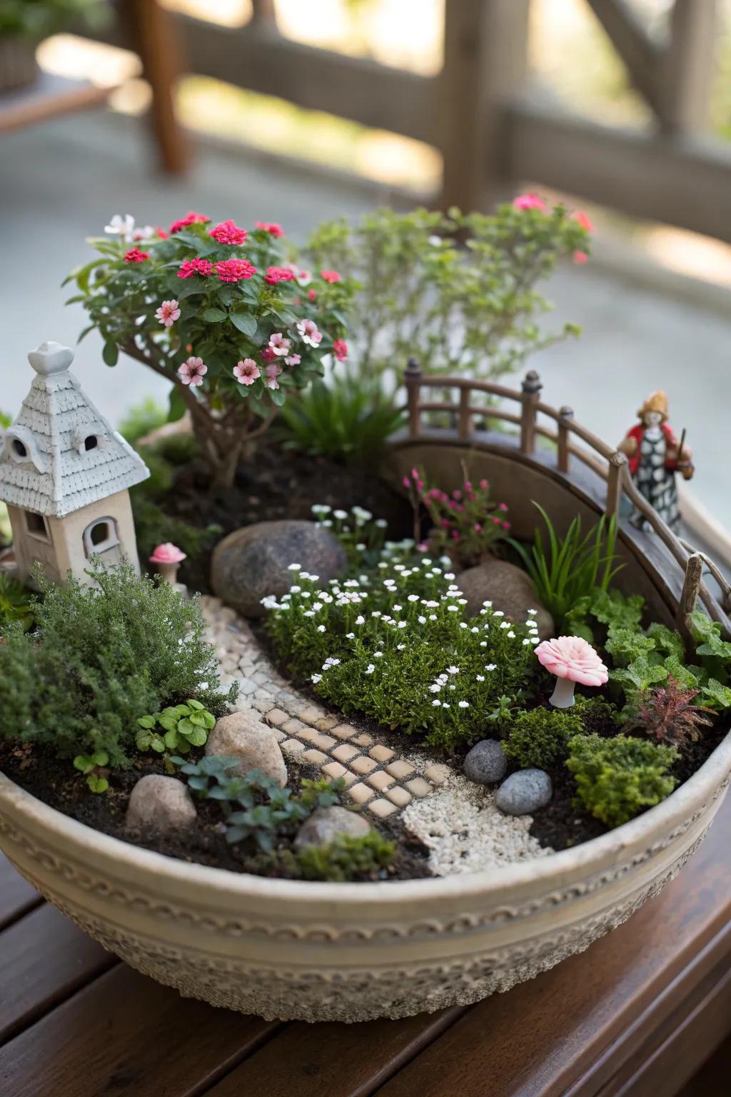 A tiny garden in a pot offers a world of imagination.