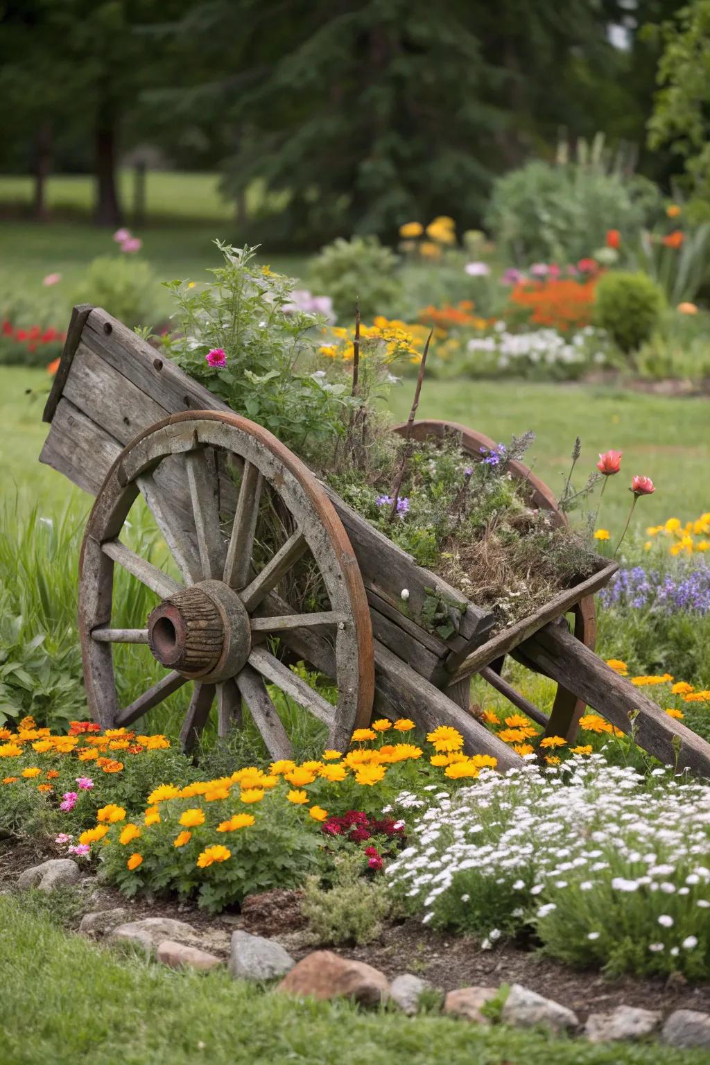 A vintage plow adds historical depth and texture to garden landscapes.