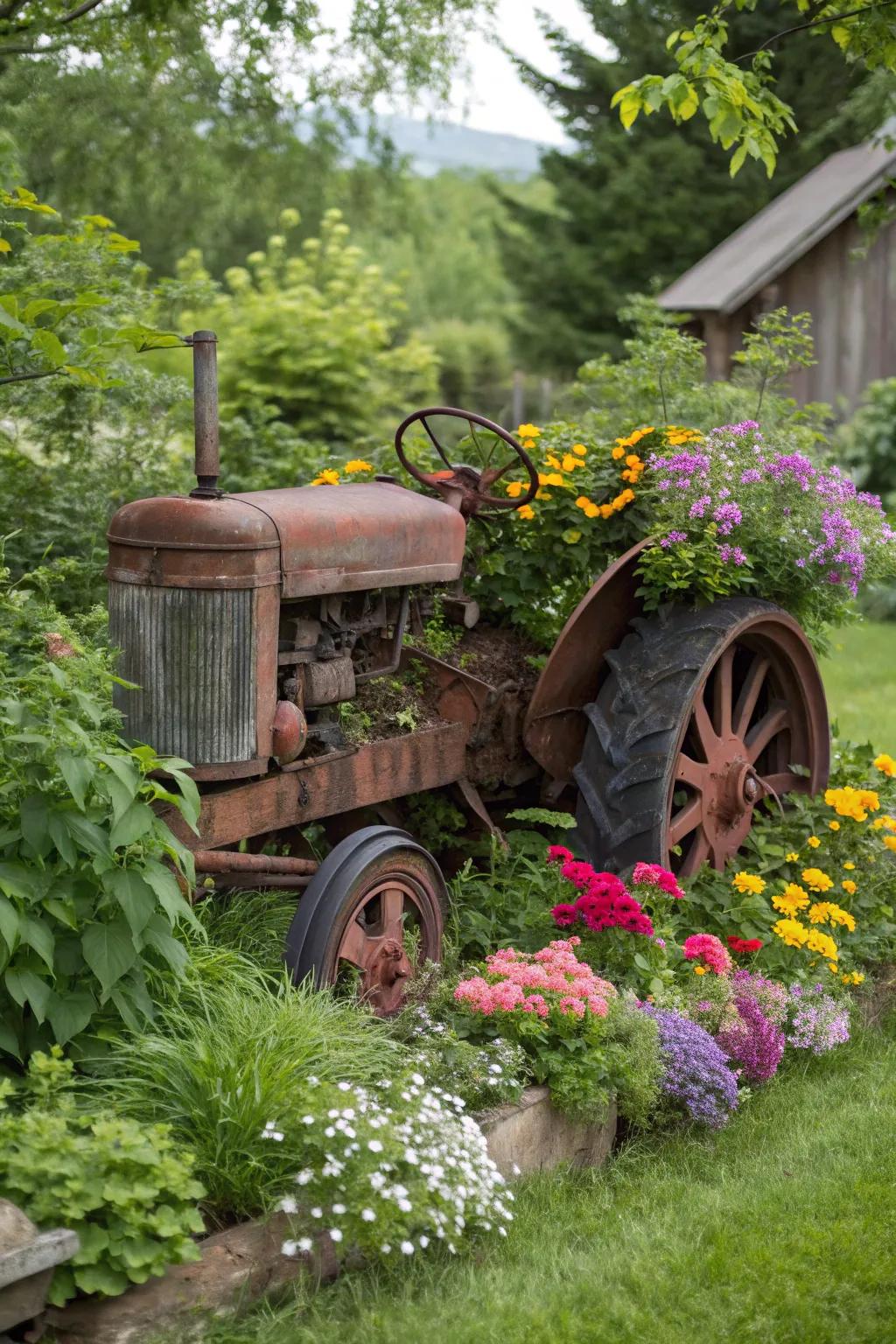 An old tractor can become the star of your garden with the right plants.
