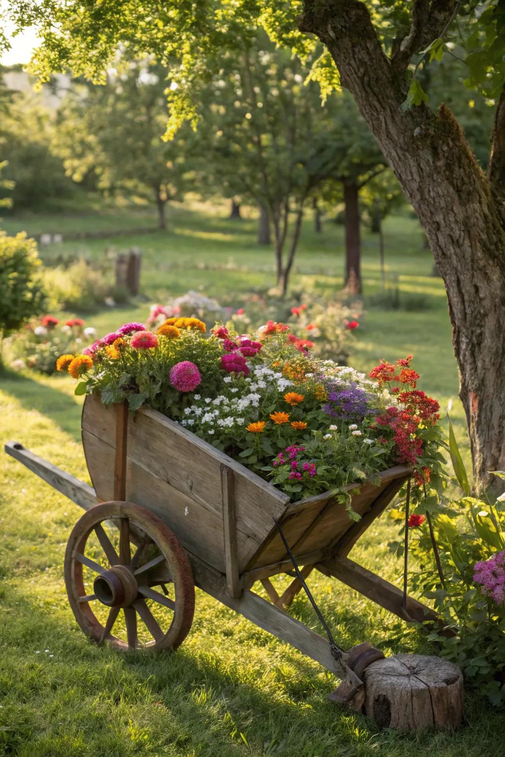 A wheelbarrow planter adds mobility and charm to your garden.