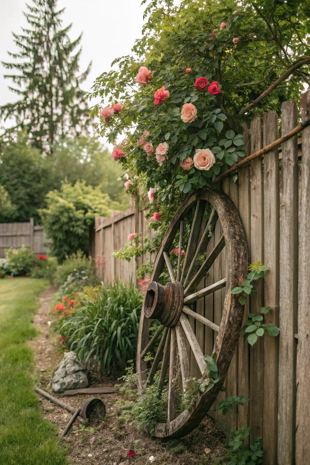 Wagon wheels create a timeless charm in any garden setting.