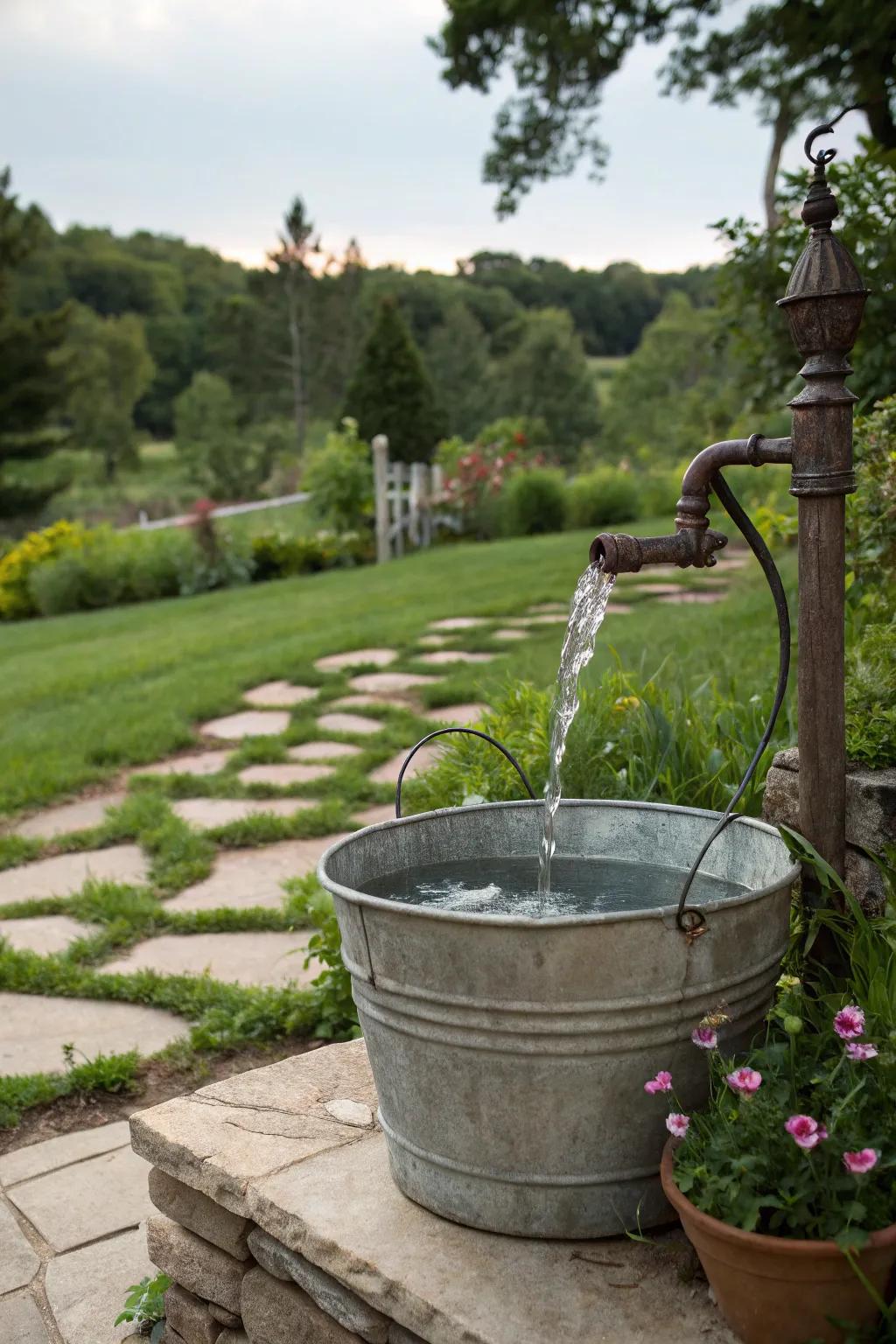 A metal bucket water feature adds tranquility to garden spaces.