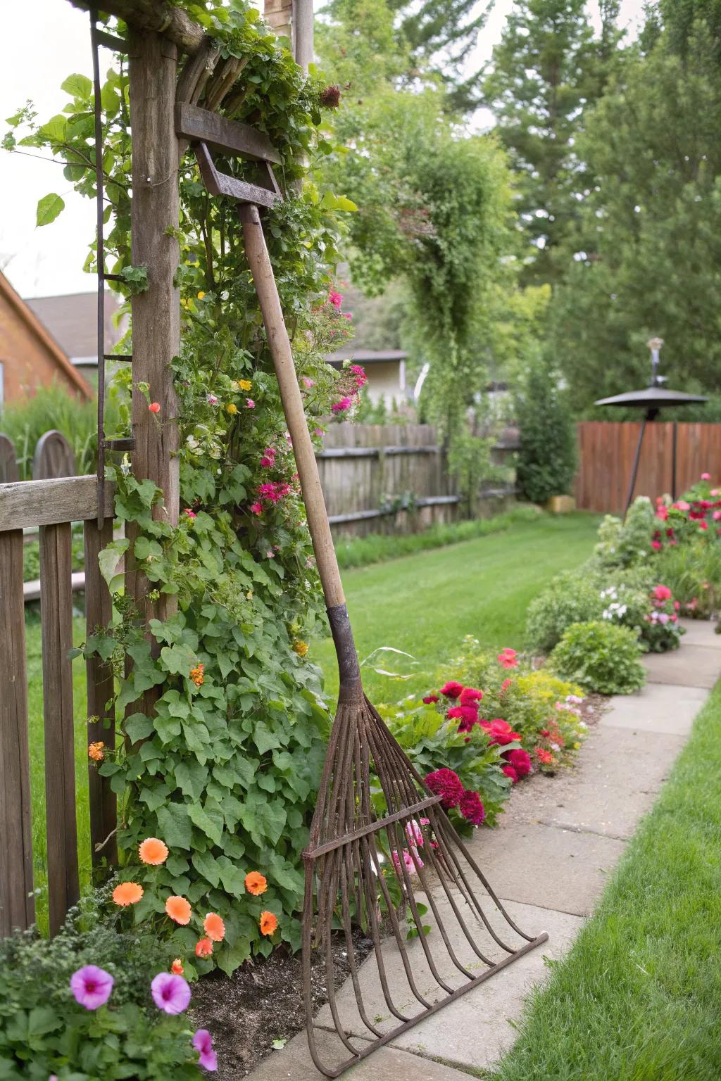 An old hay rake serves beautifully as a vertical plant support.
