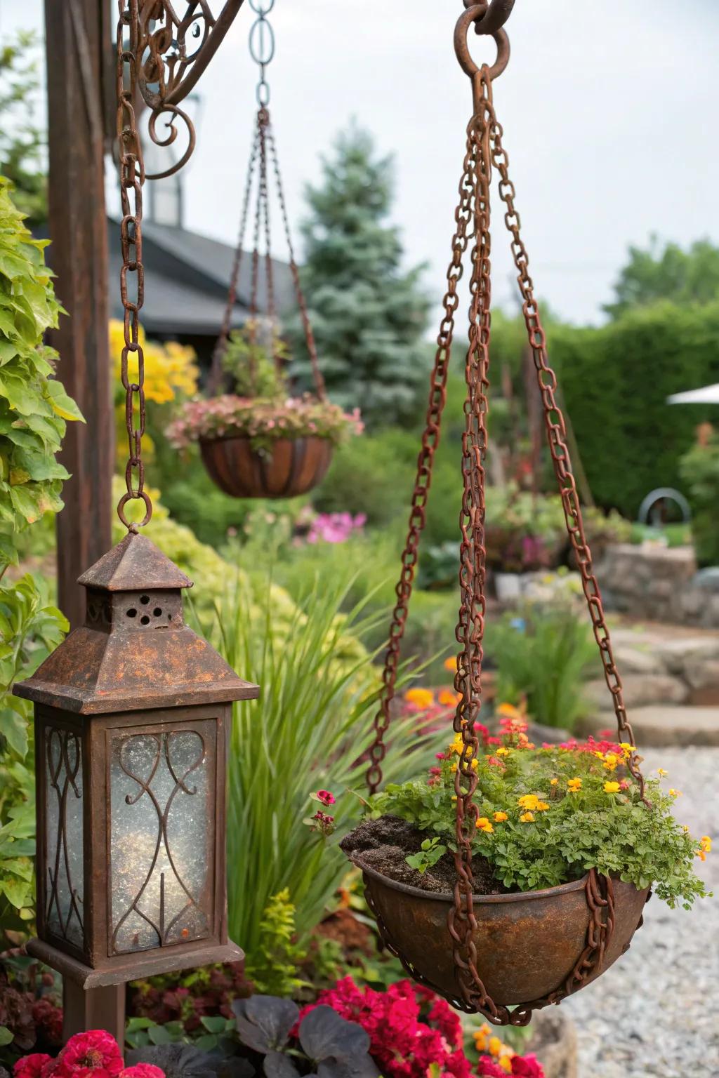 Rusted chains add a vintage flair to hanging garden decor.