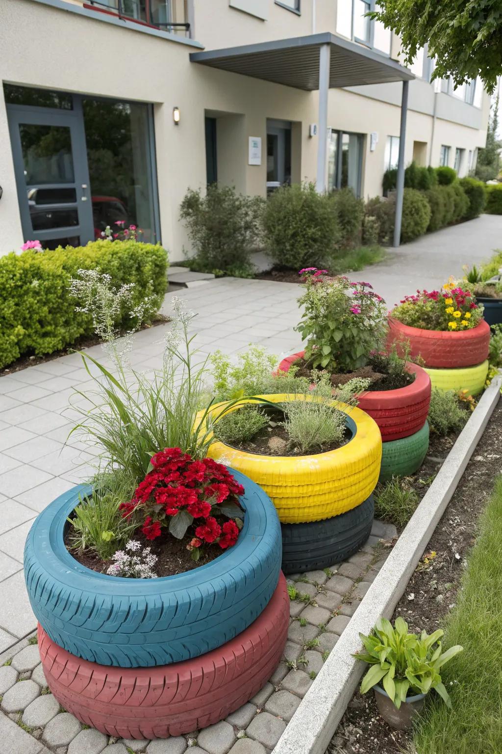Tire rim planters offer a bold, industrial flair to any garden.