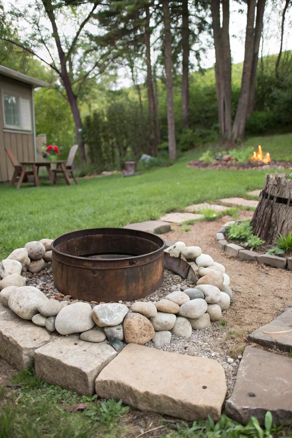 DIY stone surroundings give your fire pit a natural, handcrafted look.