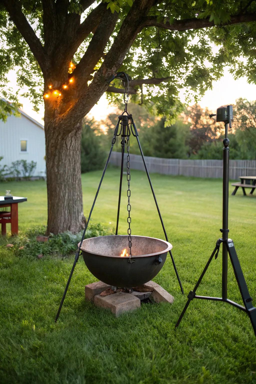 Hanging fire pits offer a unique and captivating setup.