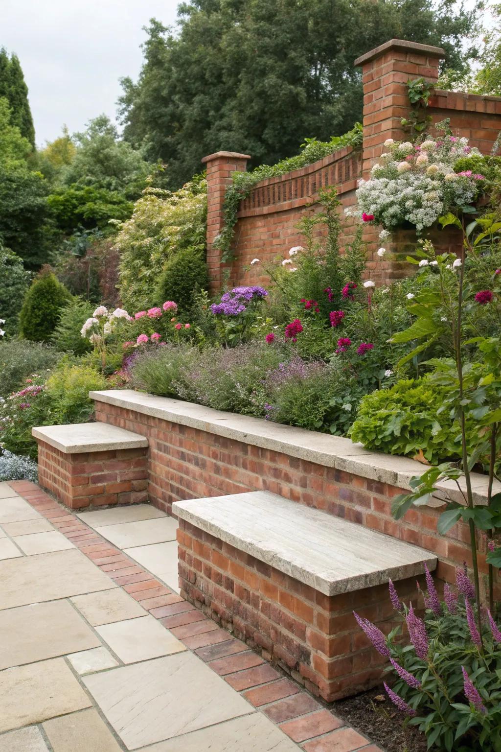 Integrated seating adds functionality to brick walls.