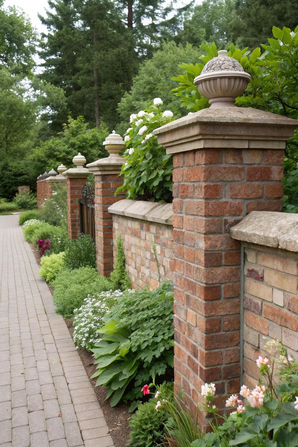 Stone caps offer a polished finish to brick walls.