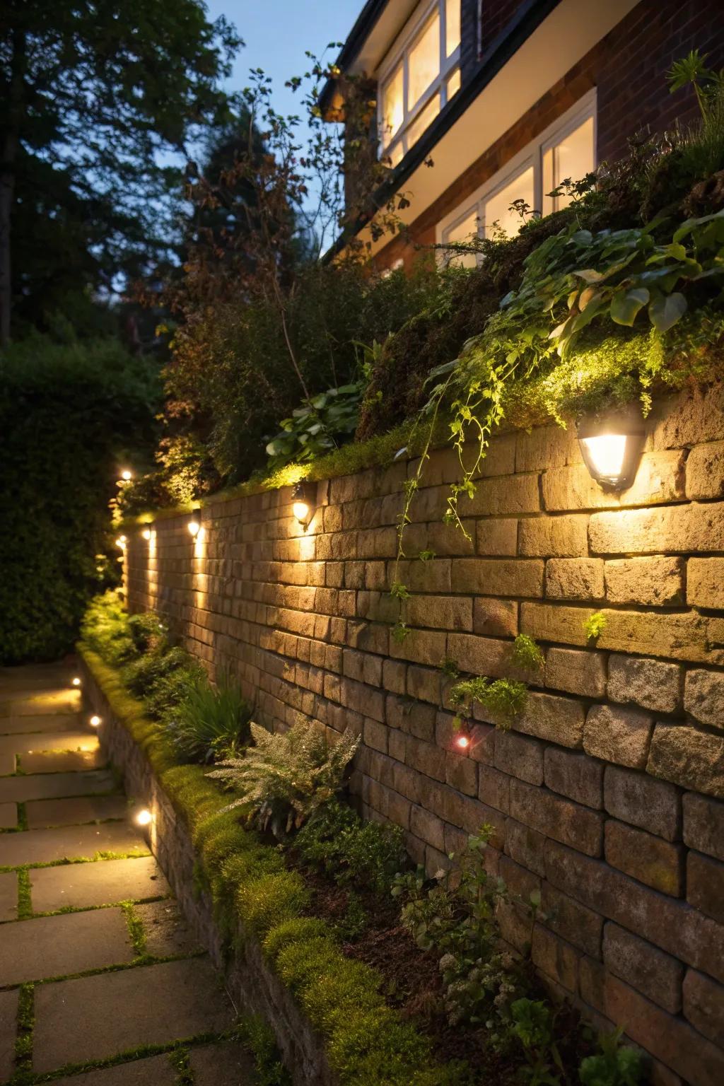 Lighting transforms brick walls after dark.