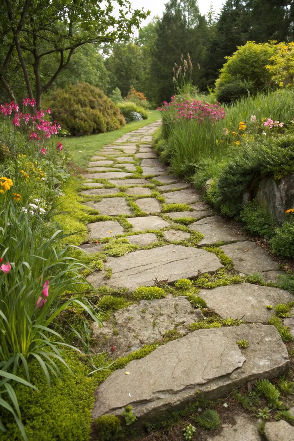 Natural stone path blending seamlessly with the garden.