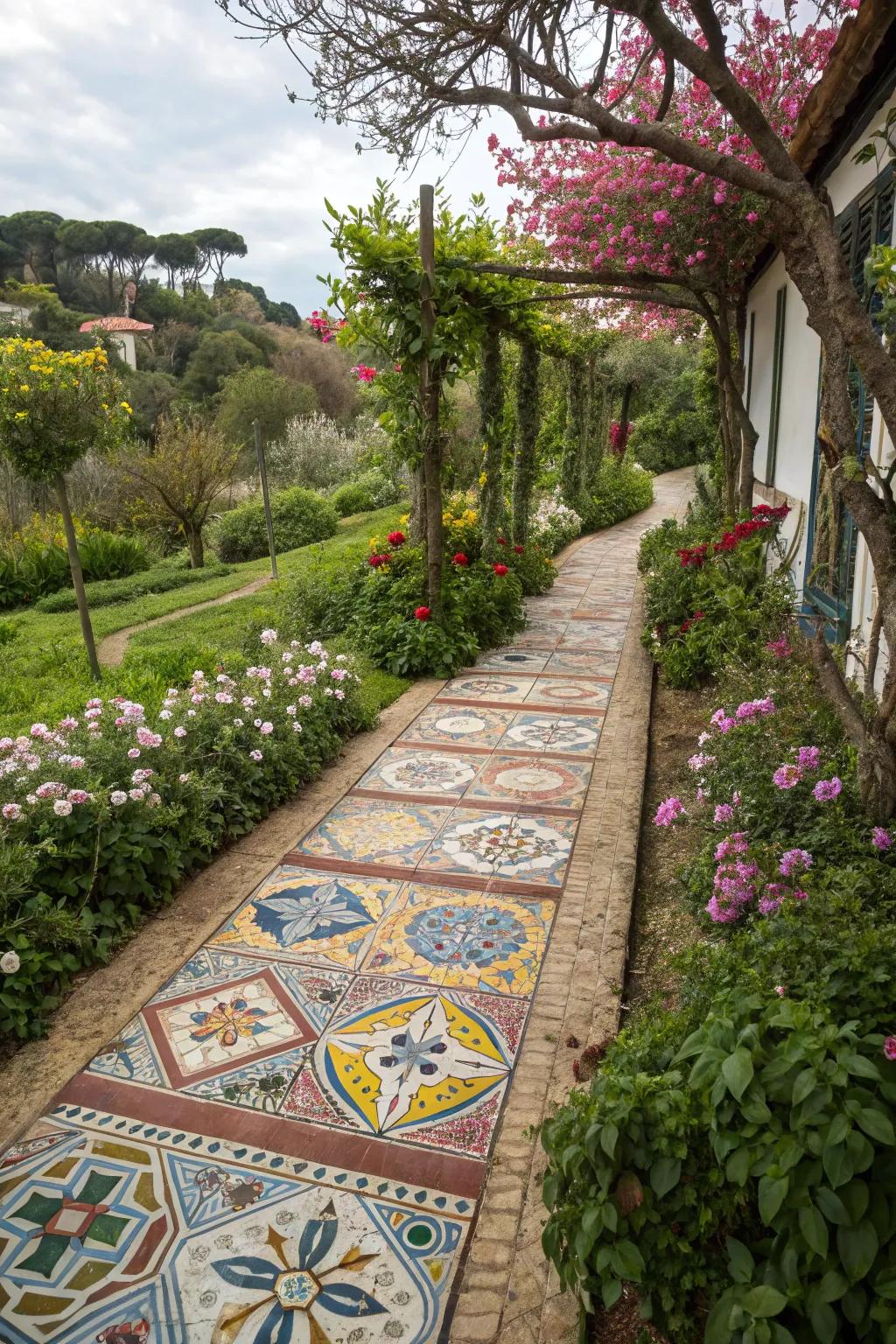 Colorful tiles adding a splash of personality to the garden path.