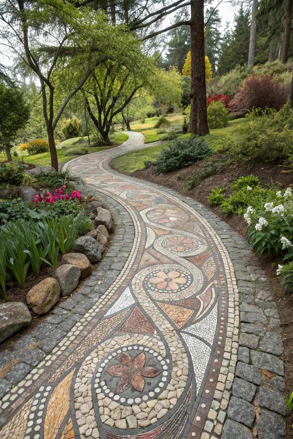 A DIY pebble mosaic path adding artistic flair to the garden.