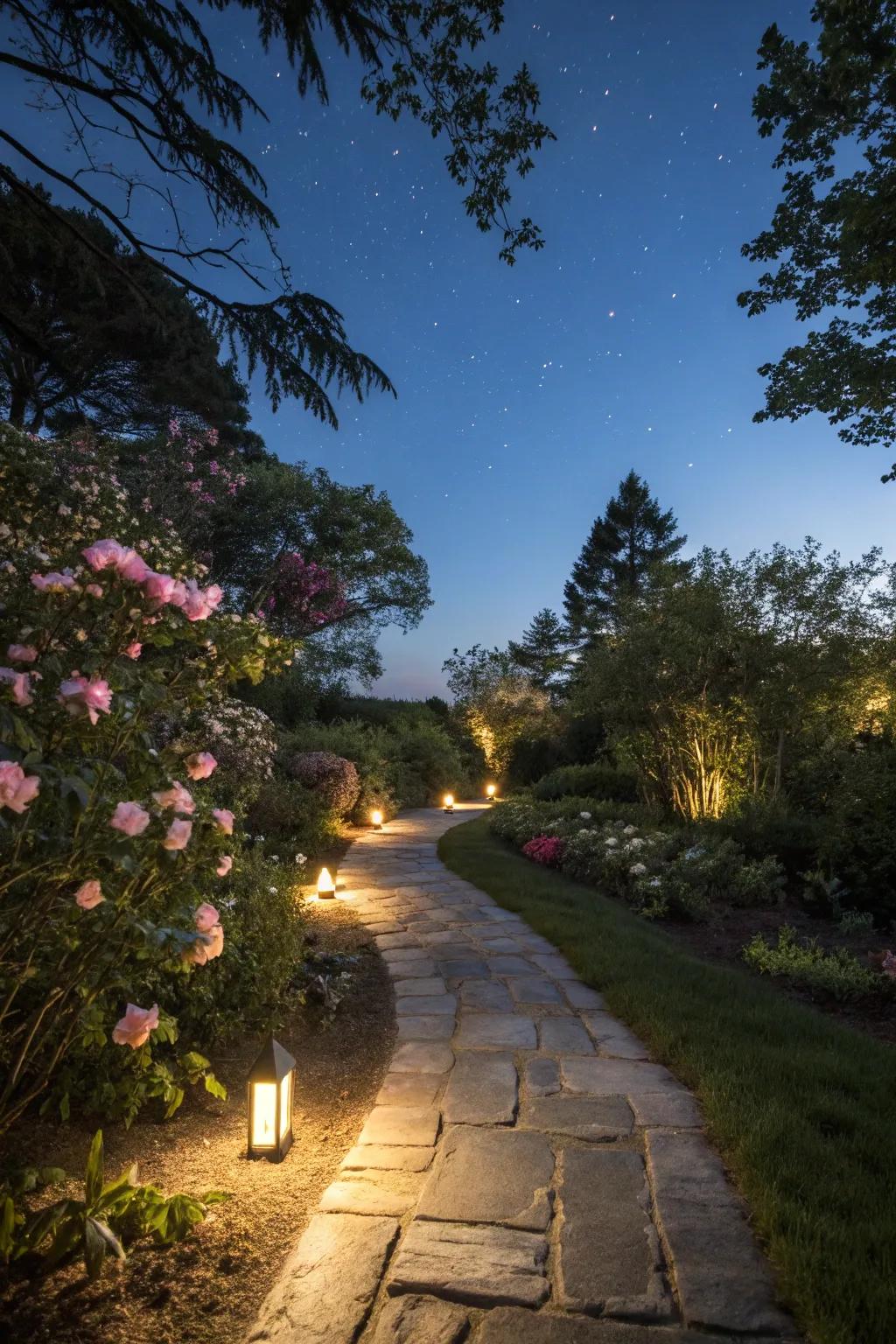 Pathway lighting creating a magical garden atmosphere.