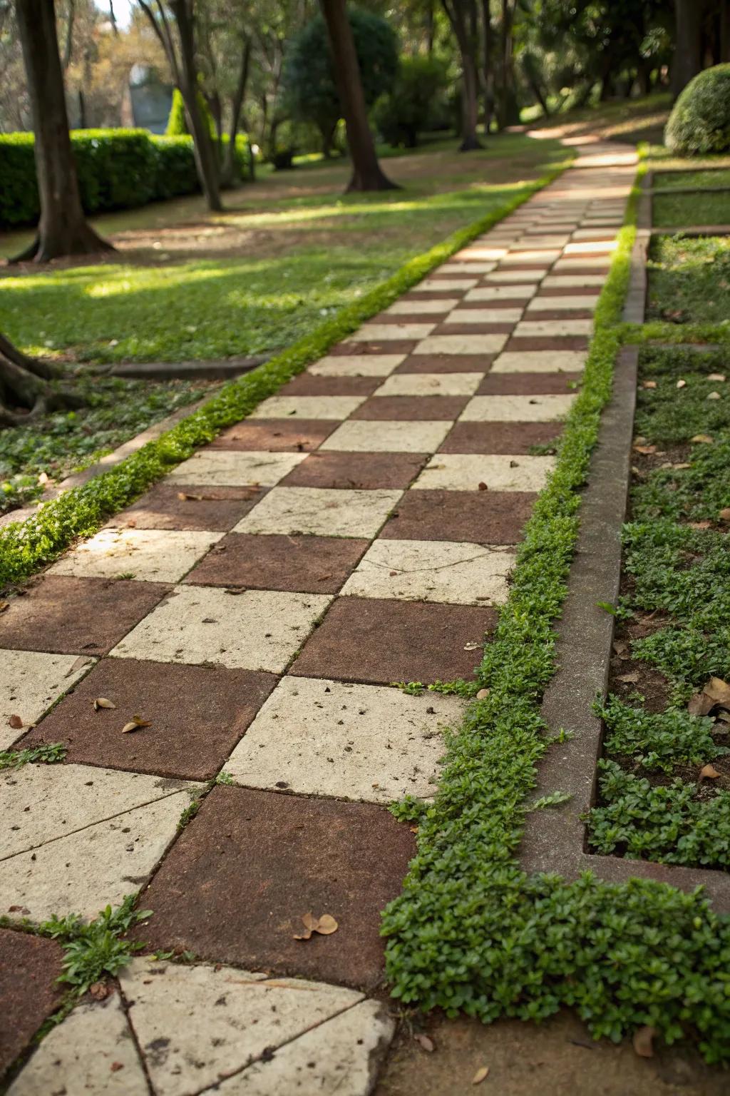 A playful checkerboard path bringing whimsy to the garden.