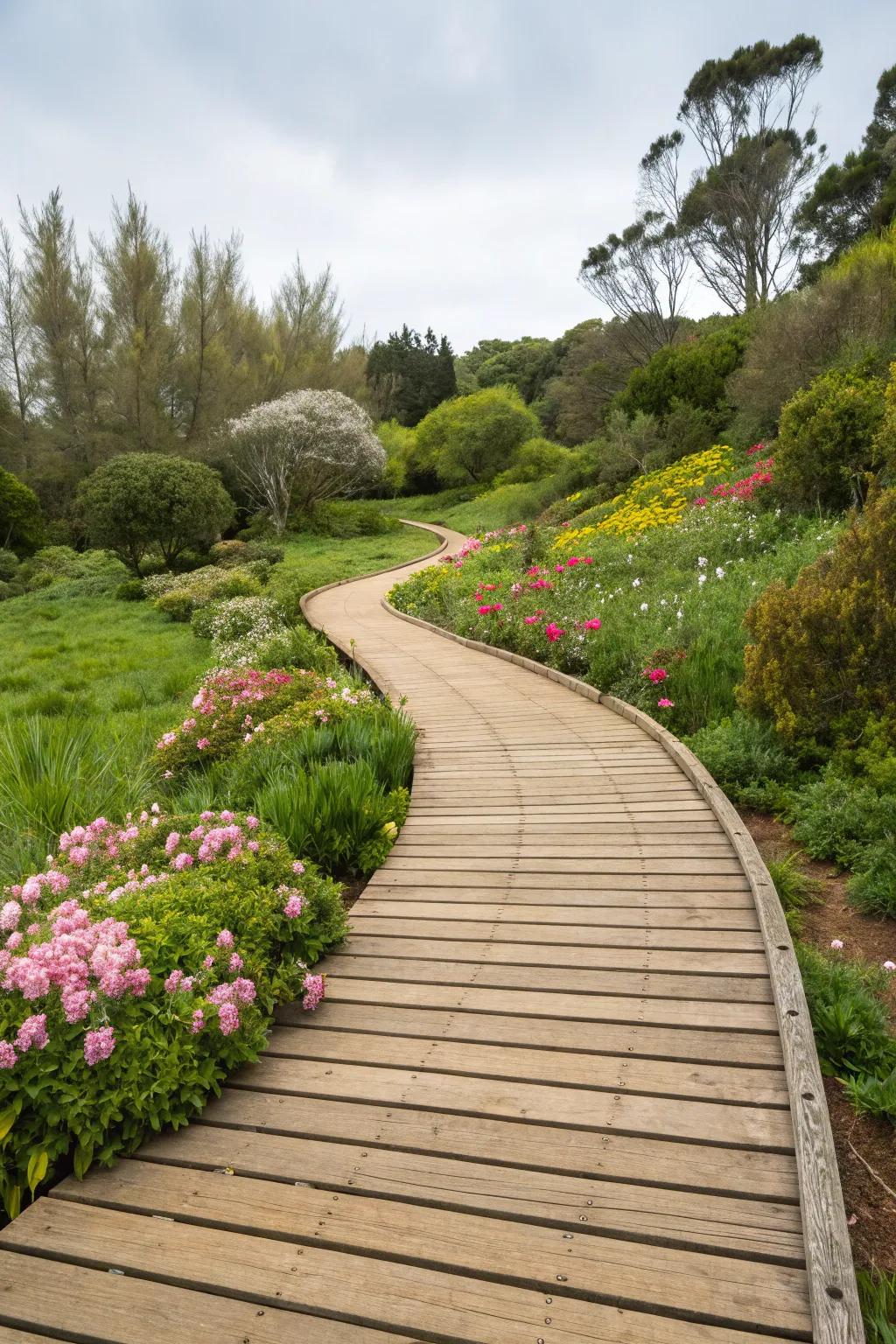 A charming wooden boardwalk path meandering through the garden.