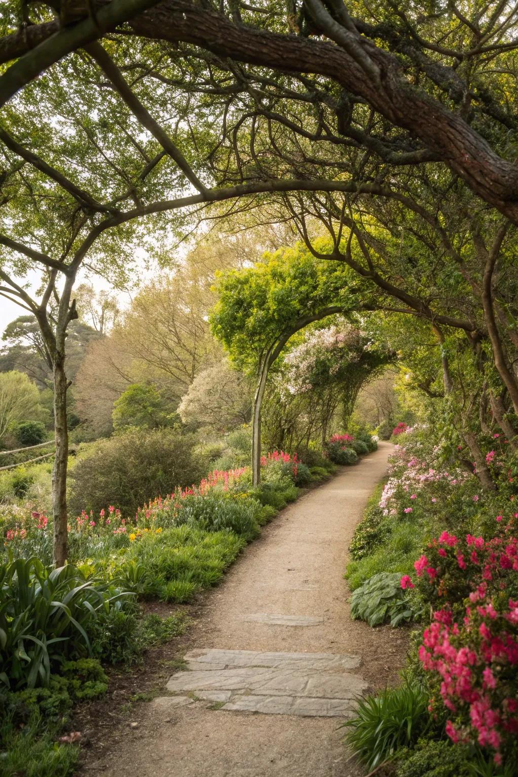 A path blending harmoniously with garden landscapes.