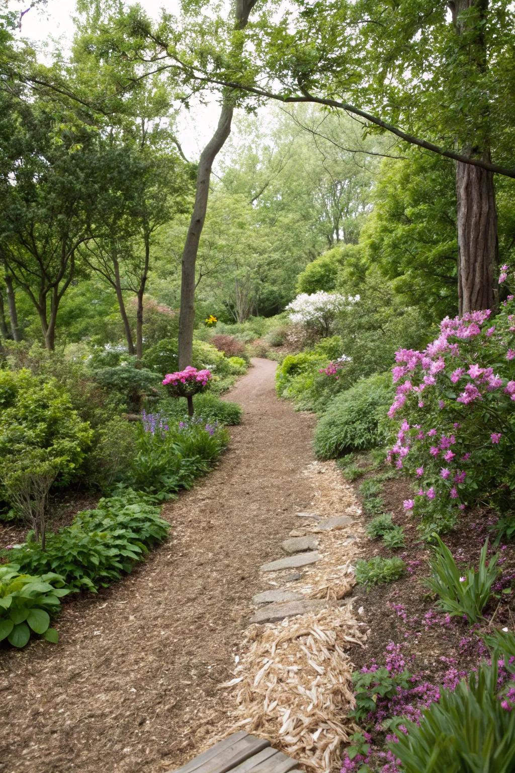 A natural mulch path providing an eco-friendly garden route.