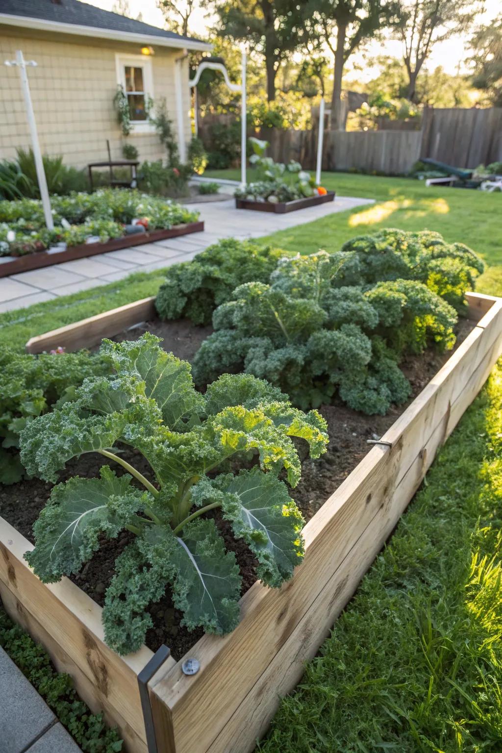 Kale provides a bountiful and nutritious harvest in raised bed gardens.