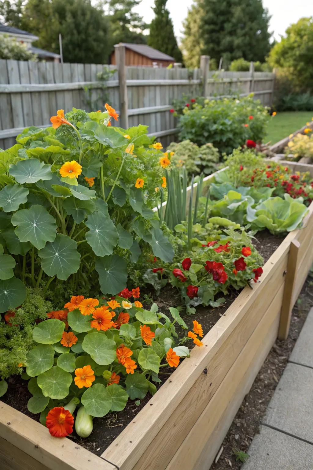 Nasturtiums provide beauty and pest control in a raised bed garden.