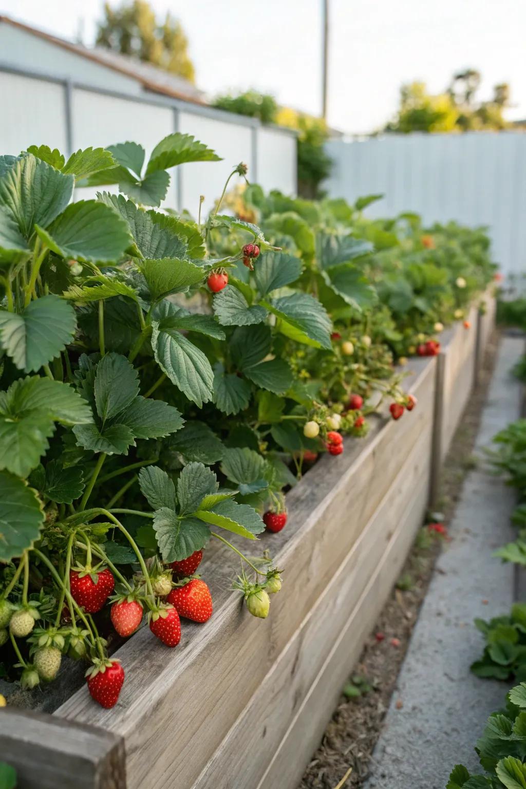 Strawberries flourish in raised beds, offering sweet, sun-kissed berries.