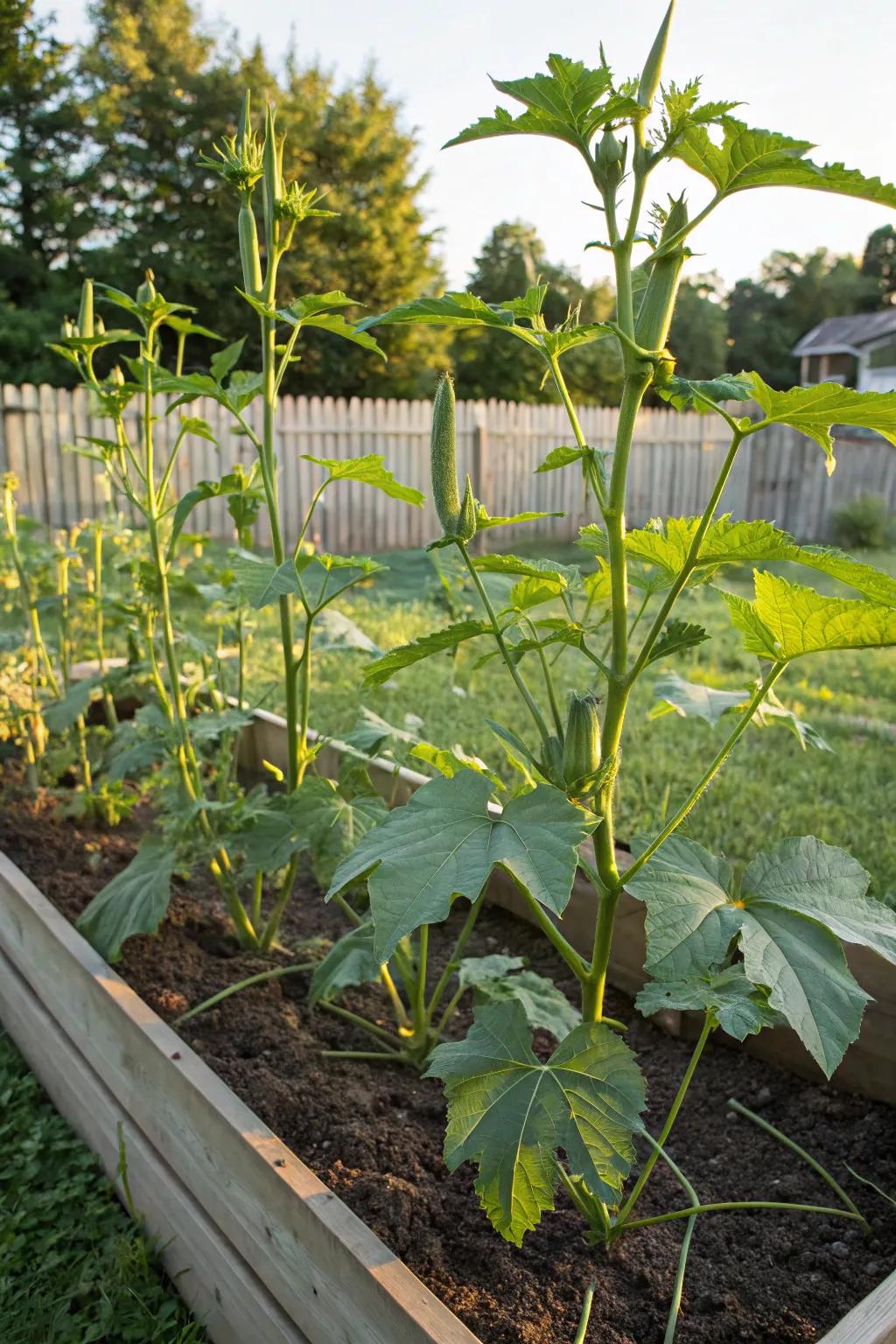 Okra thrives in the warm environment of a raised bed, perfect for summer harvests.
