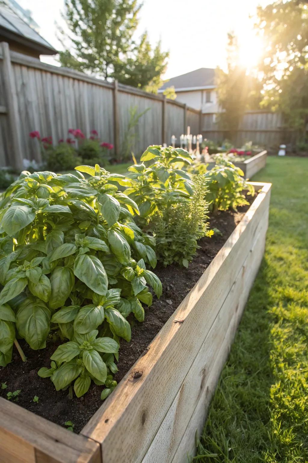 Basil plants thrive along the edges of a raised garden bed, adding fragrance and flavor.