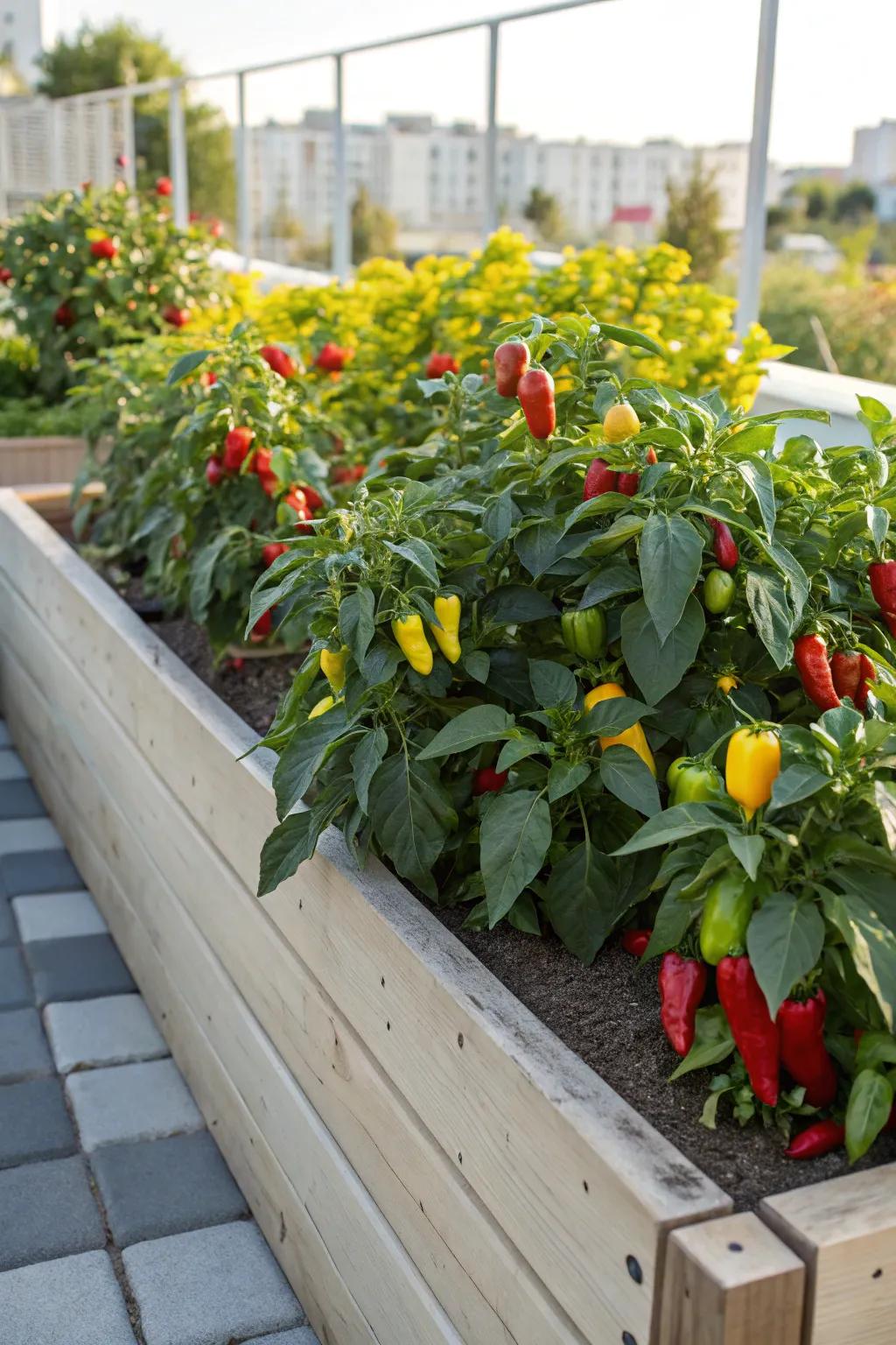 Peppers add a splash of color and spice to any raised bed garden.