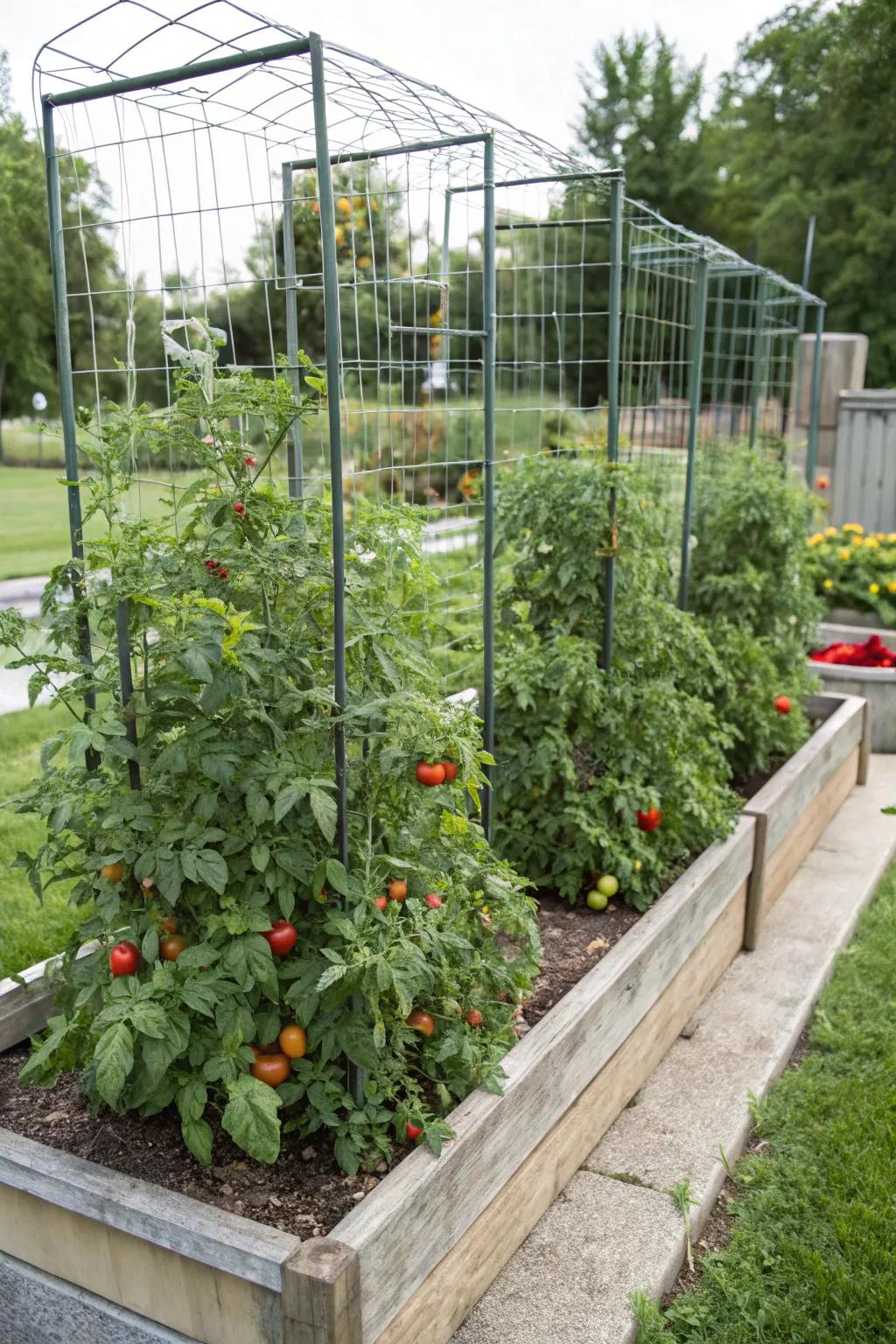 Tomatoes flourish in raised beds with the support of sturdy cages, promising a bountiful harvest.