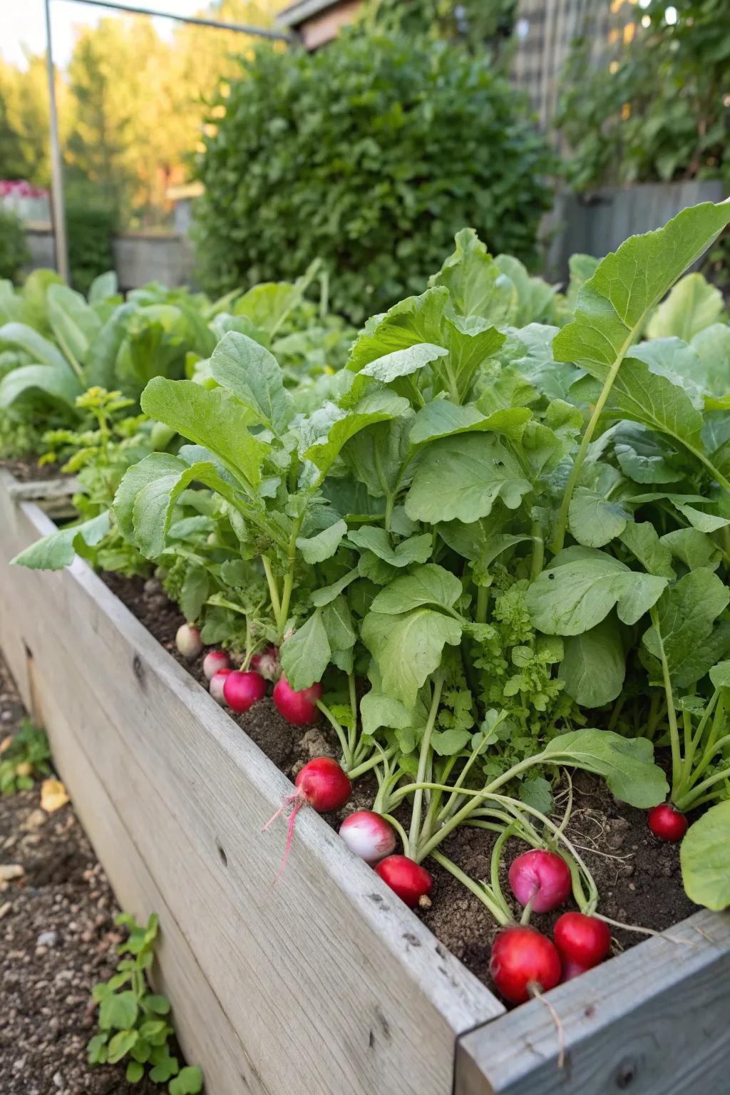 Radishes add a peppery crunch to your harvest with their quick growth cycle.