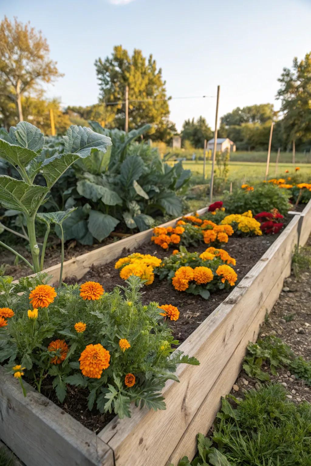 Marigolds add beauty and pest protection to your raised bed garden.