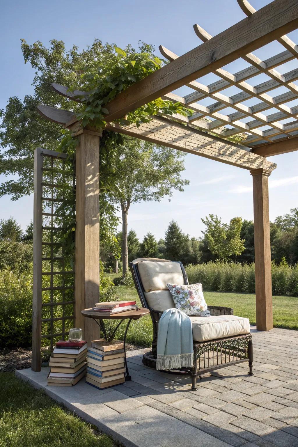 Lose yourself in a book under a cozy pergola nook.