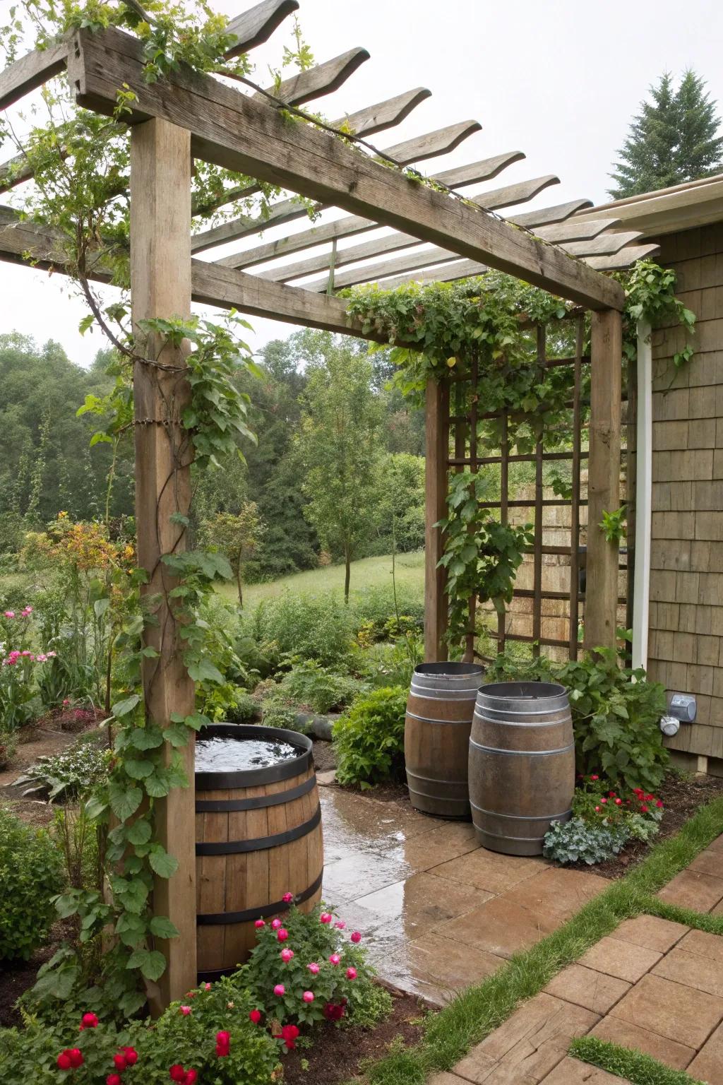 Conserve water with a rainwater collection system.