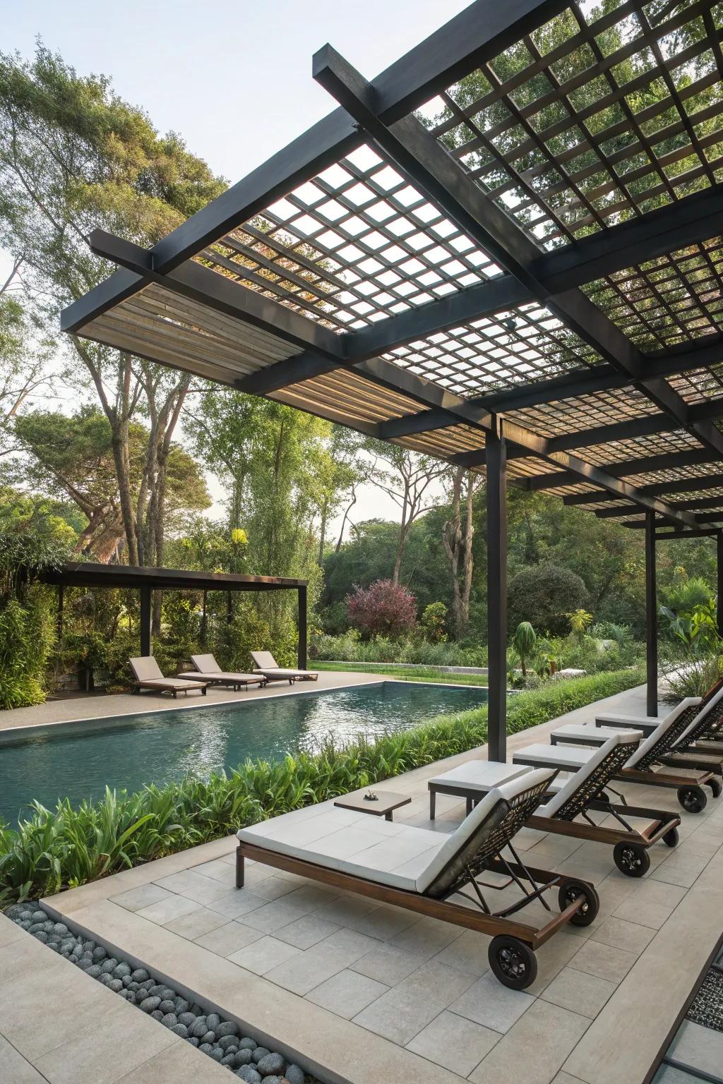 Enhance your poolside with a stylish pergola retreat.