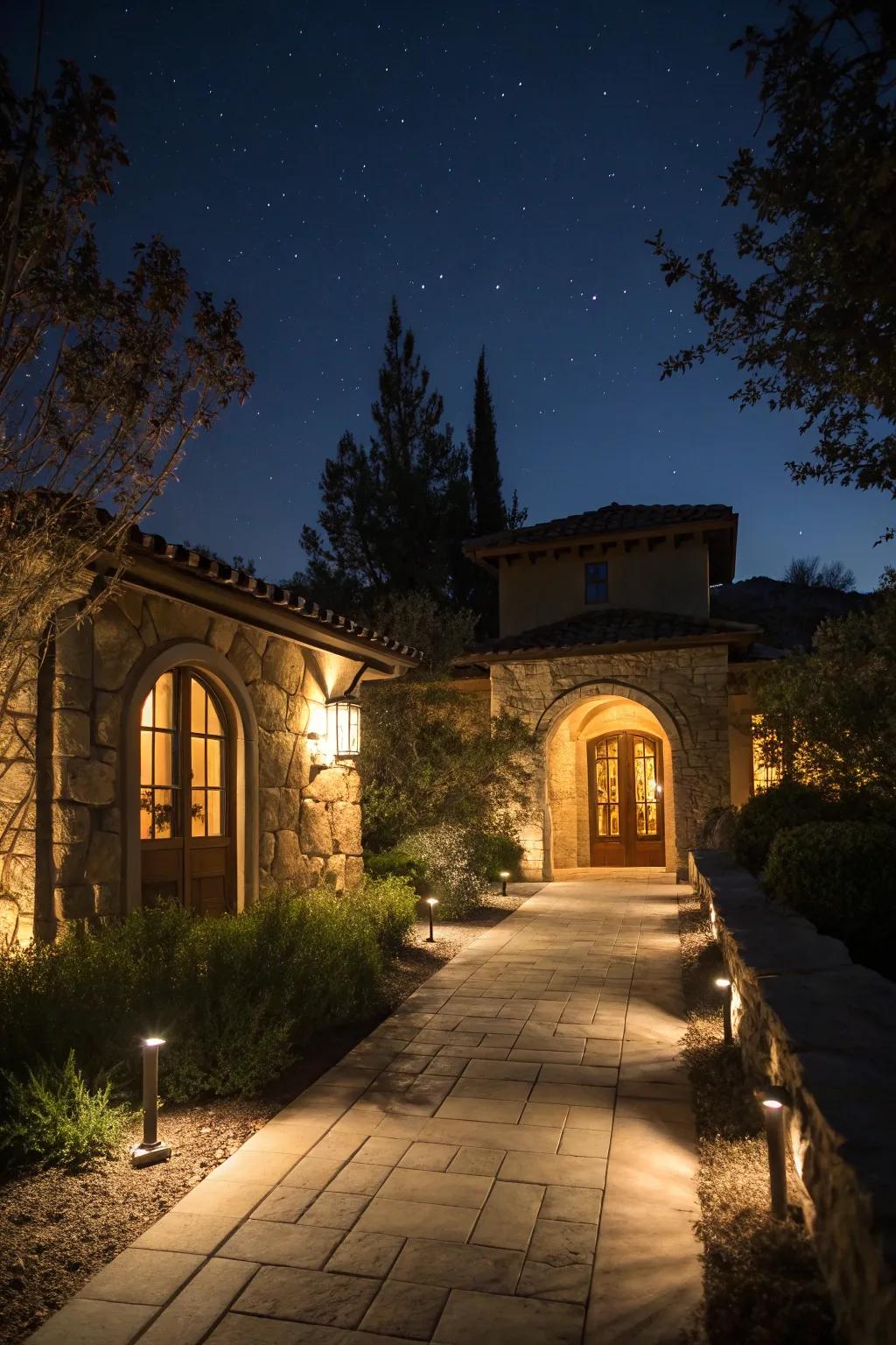 Lighting transforms the entrance into an enchanting nightscape.