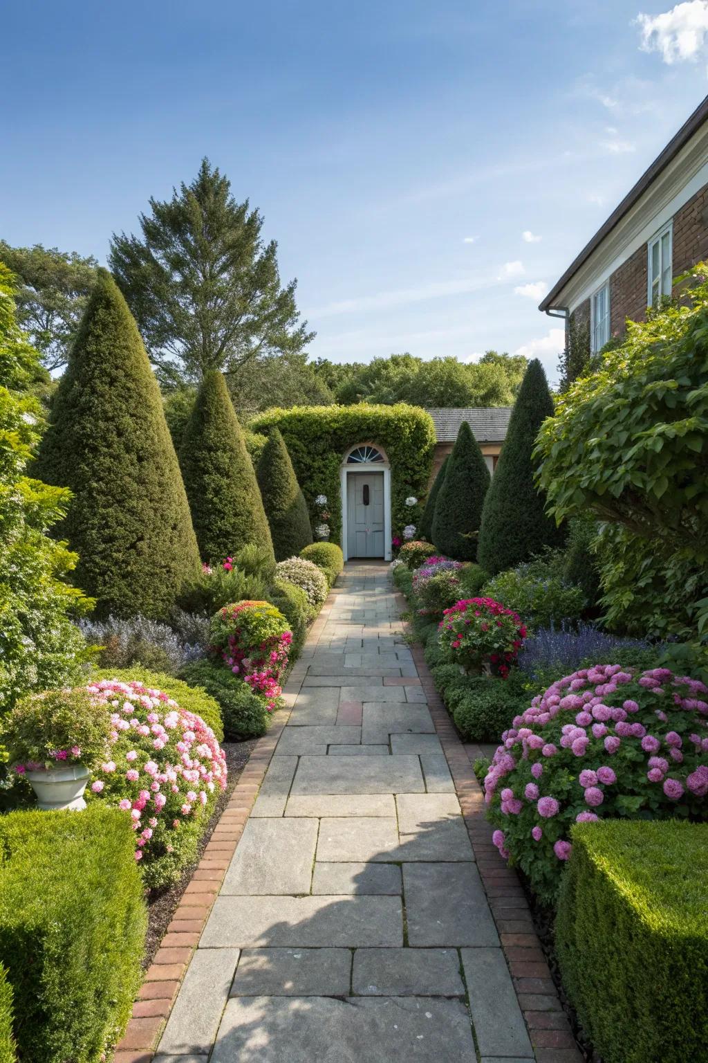 Symmetrical shrubs and flowers create a balanced entrance.