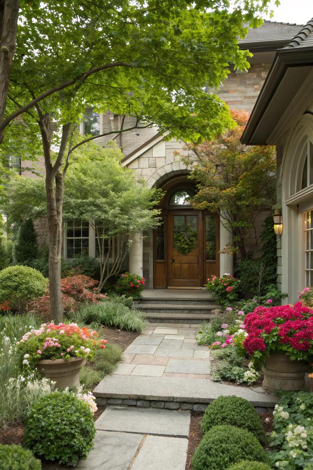 Lush greenery enveloping the entrance, adding depth and color.