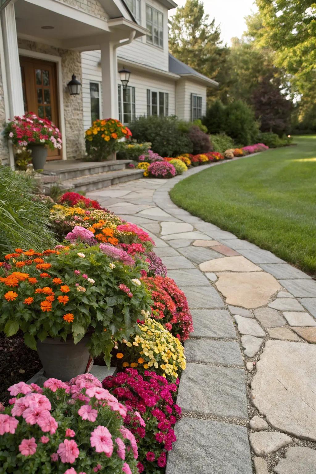Floral beds add a splash of color along the entrance path.