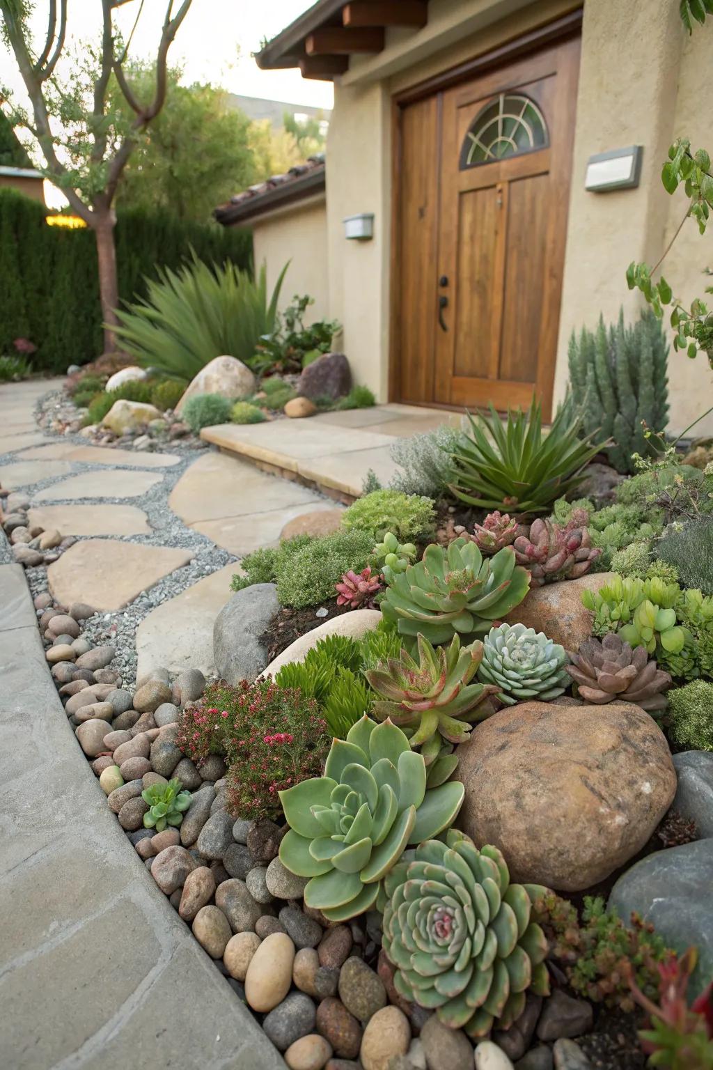 A rock garden adds texture and modern appeal.