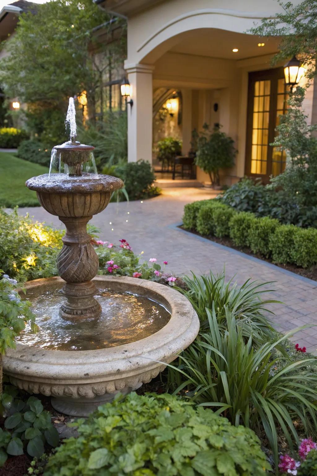 A water feature adds tranquility and elegance.