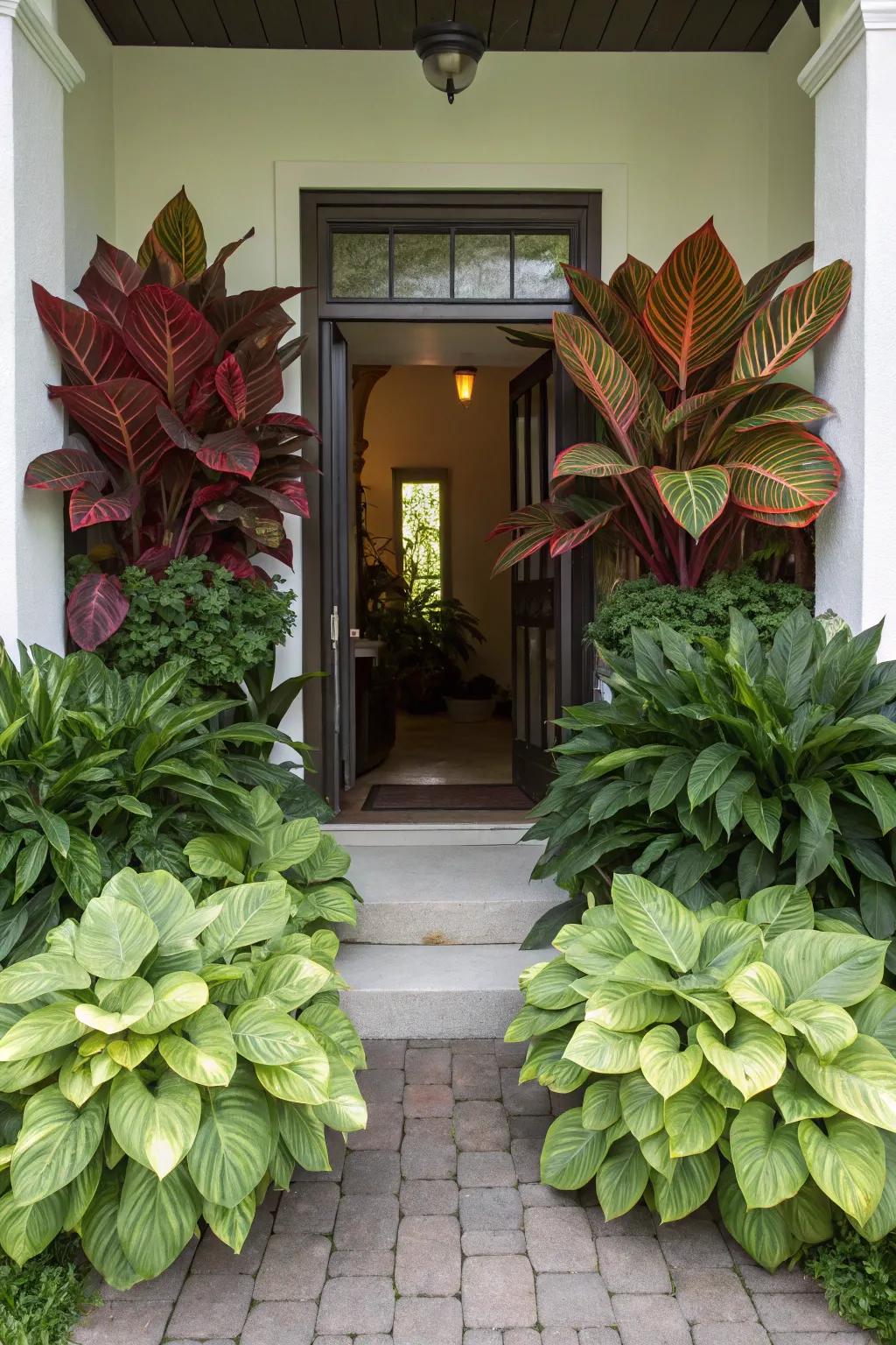 Bold foliage provides a dramatic and lush backdrop.