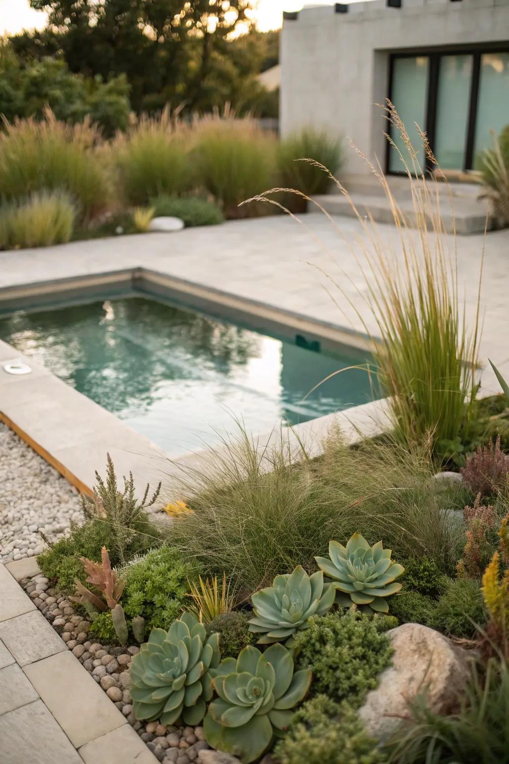 A dipping pool framed by easy-care plants.