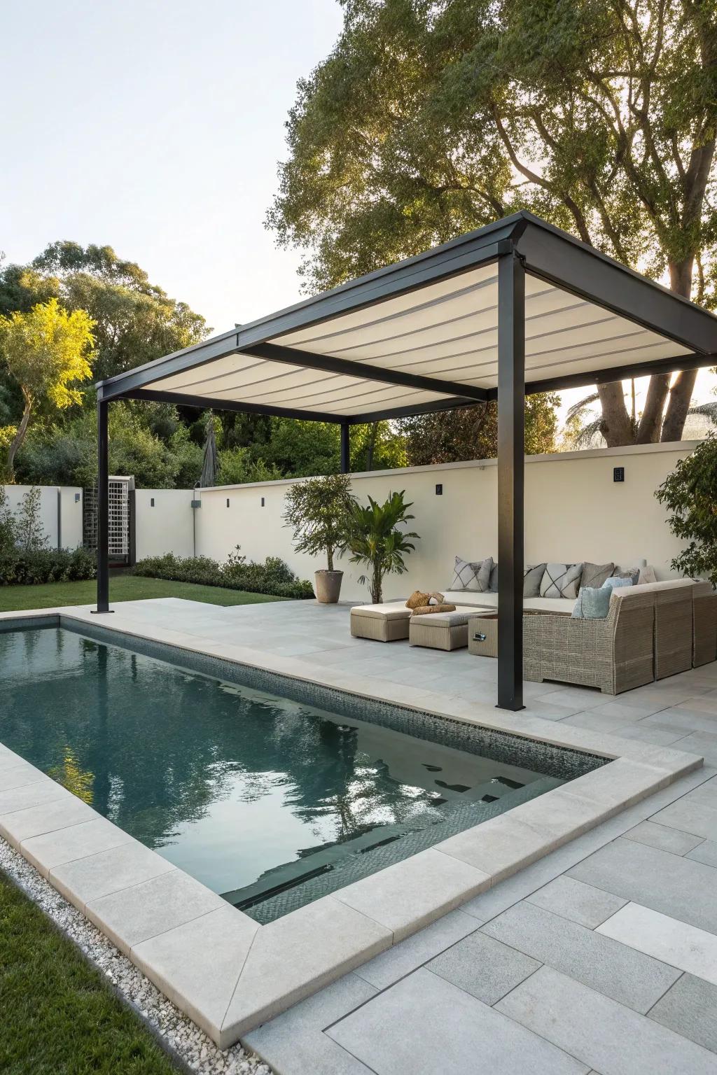 A dipping pool complemented by a chic patio shelter.