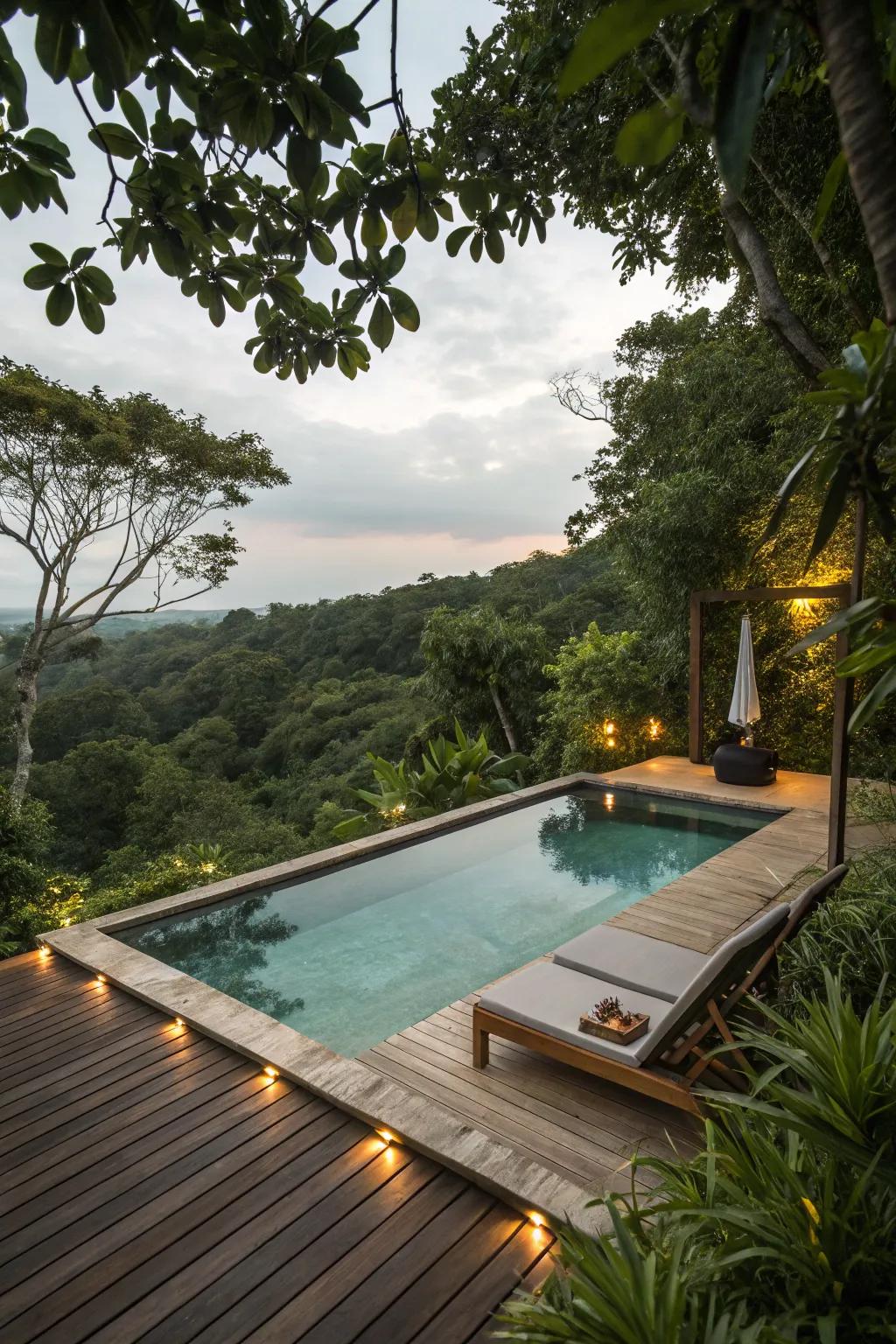 A dipping pool beautifully integrated into a wooden deck.