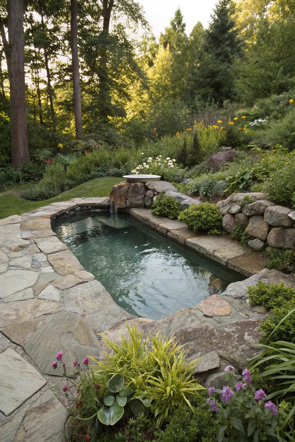 A dipping pool harmonizing with its natural stone surroundings.